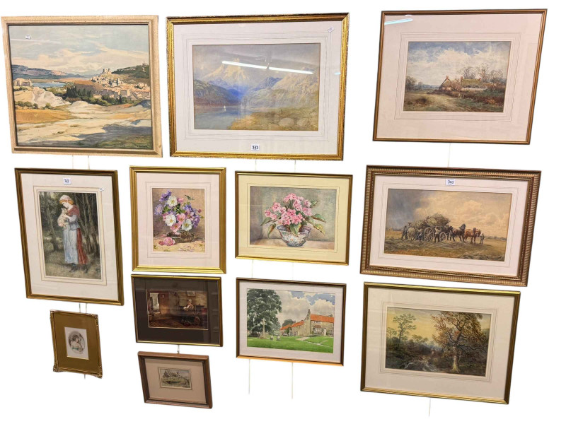 Collection of twelve framed various paintings and prints including landscape watercolours, floral, etc.