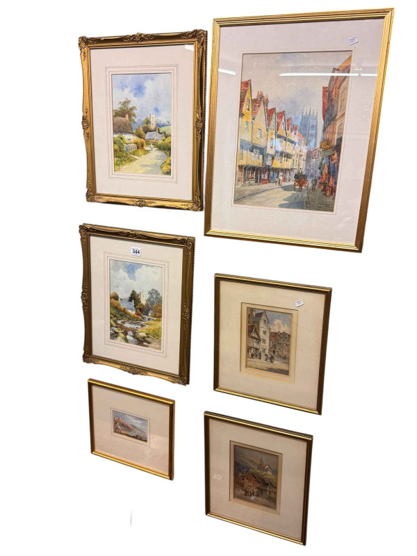 Collection of six framed watercolours including pair John Sowden and pair F H Tyndale.