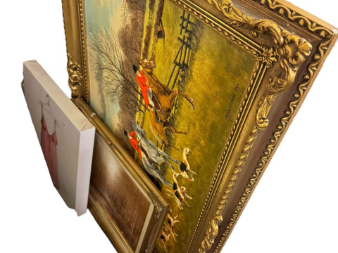 Three painted pedestals, folding chair and table, five wall mirrors, four various pictures, blue and white ironstone Staffordshire vase, 52cm high (15). thumbnail