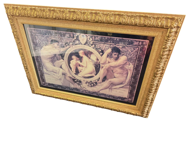 Three painted pedestals, folding chair and table, five wall mirrors, four various pictures, blue and white ironstone Staffordshire vase, 52cm high (15).