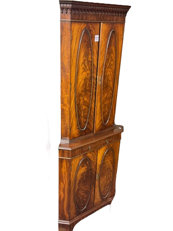 Pine triple wardrobe with two base drawers, 202cm by 167cm by 63cm, Bevan & Funnell? mahogany double standing corner cabinet and pair glazed panel door corner wall cabinets (4).