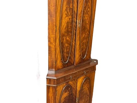 Pine triple wardrobe with two base drawers, 202cm by 167cm by 63cm, Bevan & Funnell? mahogany double standing corner cabinet and pair glazed panel door corner wall cabinets (4). thumbnail