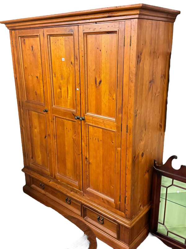 Pine triple wardrobe with two base drawers, 202cm by 167cm by 63cm, Bevan & Funnell? mahogany double standing corner cabinet and pair glazed panel door corner wall cabinets (4).