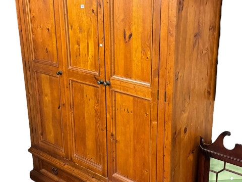 Pine triple wardrobe with two base drawers, 202cm by 167cm by 63cm, Bevan...