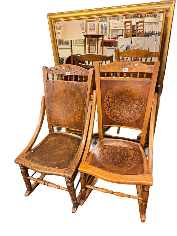 Two similar Victorian rocking chairs and gilt framed bevelled wall mirror (3).