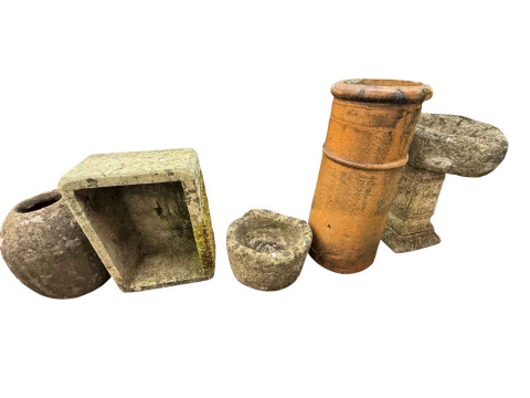 Weathered pedestal bird bath, chimney pot, weathered rectangular and circular...