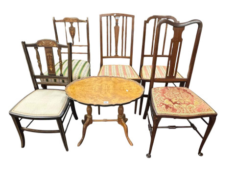 Five various Edwardian inlaid occasional chairs and oval walnut coffee...