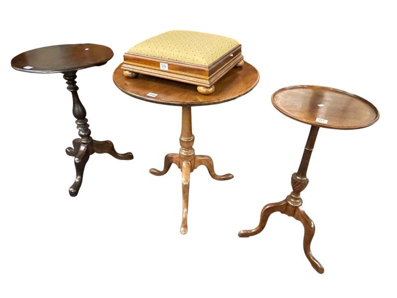 Three circular tripod occasional tables and inlaid footstool (4).