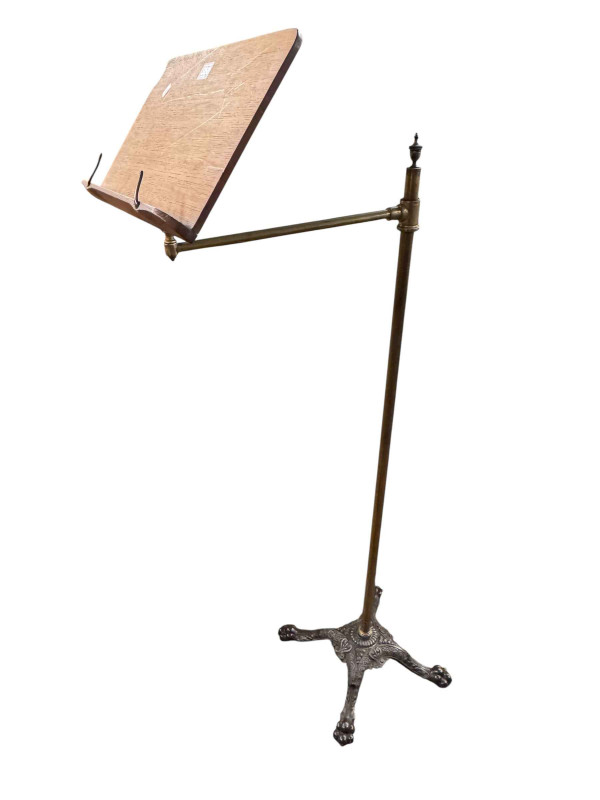 Victorian cast and brass adjustable music stand, decorative octagonal wall mirror and five pieces of contemporary artwork (7).