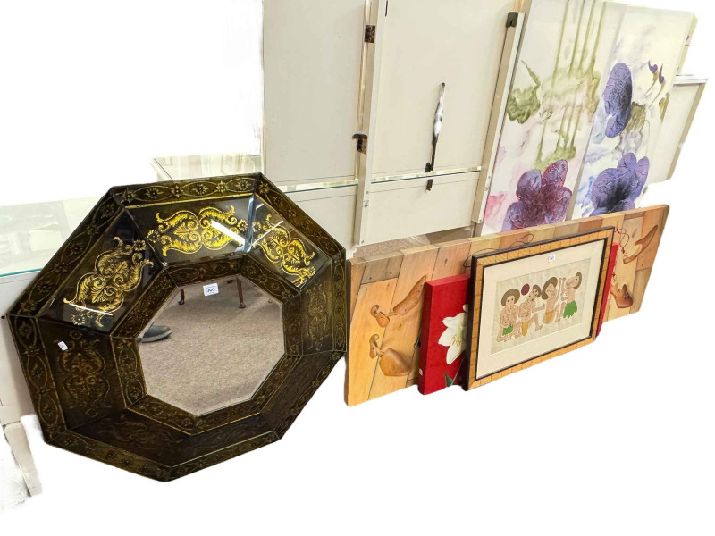 Victorian cast and brass adjustable music stand, decorative octagonal wall mirror and five pieces of contemporary artwork (7).