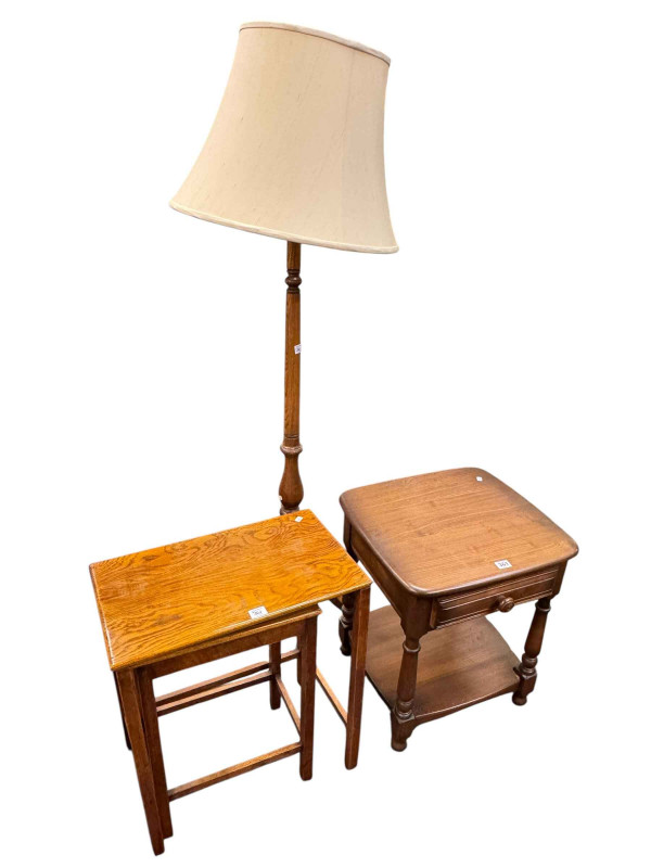 Ercol single drawer lamp table, Ercol triform standard lamp and shade and nest of two oak tables.
