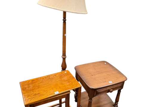Ercol single drawer lamp table, Ercol triform standard lamp and shade...