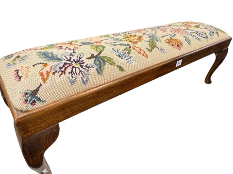 Victorian style spoon back nursing chair in floral tapestry fabric, matching footstool, cabriole leg window stool and shaped top games table (4). thumbnail