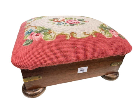 Victorian style spoon back nursing chair in floral tapestry fabric, matching footstool, cabriole leg window stool and shaped top games table (4). thumbnail