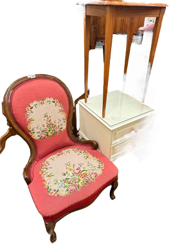 Victorian style spoon back nursing chair in floral tapestry fabric, matching footstool, cabriole leg window stool and shaped top games table (4).
