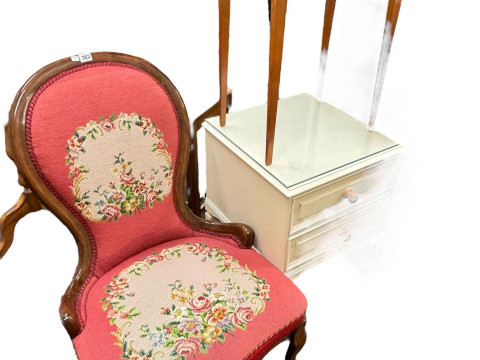 Victorian style spoon back nursing chair in floral tapestry fabric, matching...