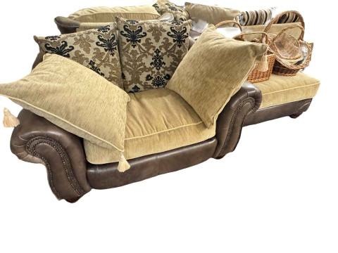 Brown studded leather and fabric five piece lounge suite comprising two seater settee, two chairs, large chair and footstool (some of the legs are not affixed and need attention). thumbnail