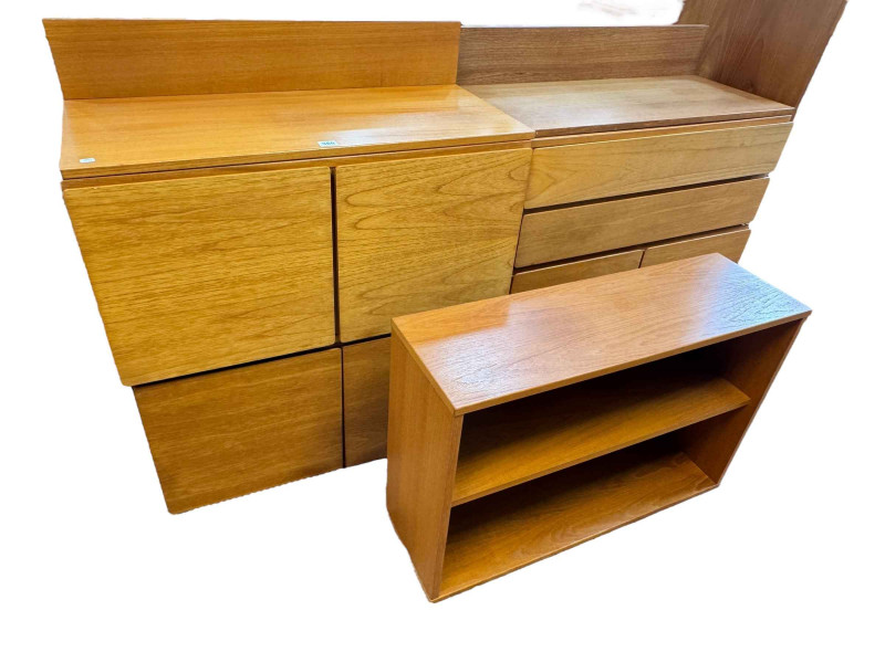 Collection of Mid Century Tapley teak modular units including floating drawers, two door cabinets, open shelf unit and wall shelves.