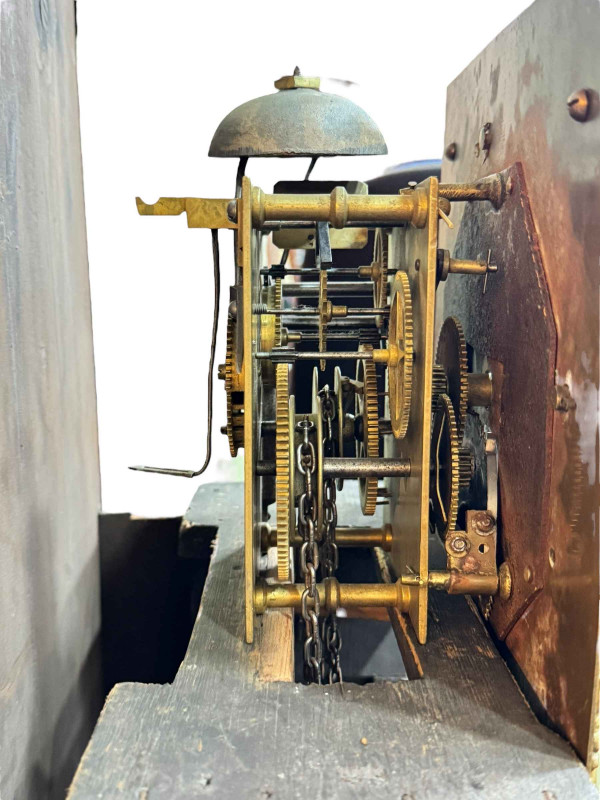 Antique walnut 30 hour longcase clock having square brass and silvered dial, signed John Worsfold, Dorking, 203cm.