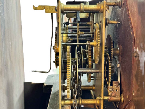 Antique walnut 30 hour longcase clock having square brass and silvered dial, signed John Worsfold, Dorking, 203cm. thumbnail