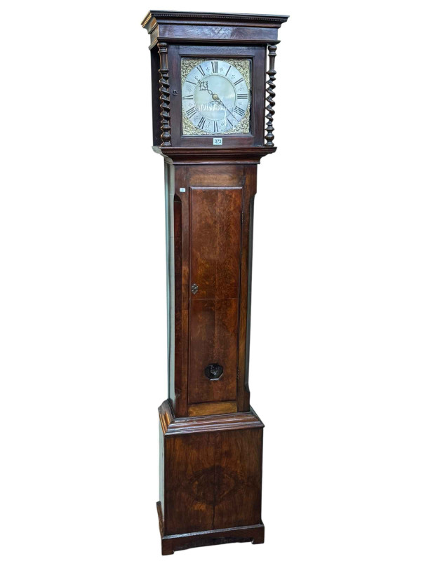 Antique walnut 30 hour longcase clock having square brass and silvered dial, signed John Worsfold, Dorking, 203cm.