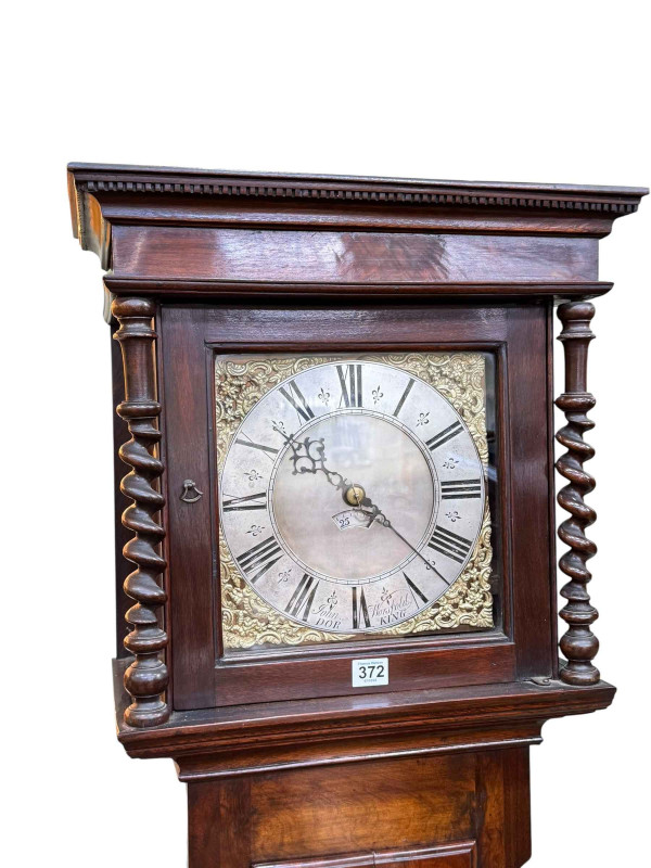 Antique walnut 30 hour longcase clock having square brass and silvered dial, signed John Worsfold, Dorking, 203cm.