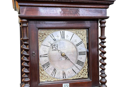 Antique walnut 30 hour longcase clock having square brass and silvered dial, signed John Worsfold, Dorking, 203cm. thumbnail