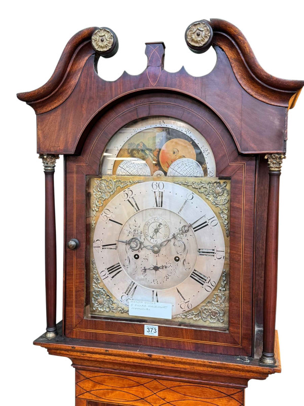 Antique oak and mahogany month going five pillar movement longcase clock having brass and silvered arched moon phase dial, 230cm.