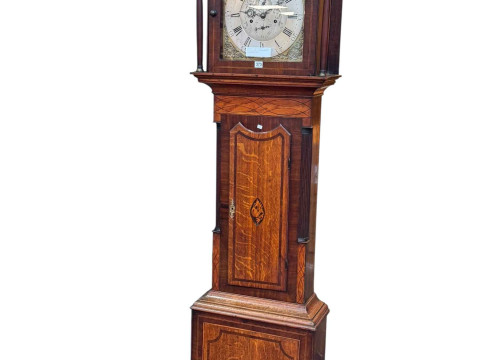 Antique oak and mahogany month going five pillar movement longcase clock...