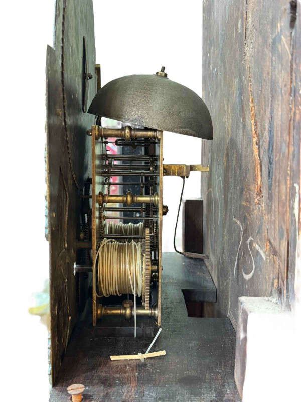 Antique oak and mahogany month going five pillar movement longcase clock having brass and silvered arched moon phase dial, 230cm.