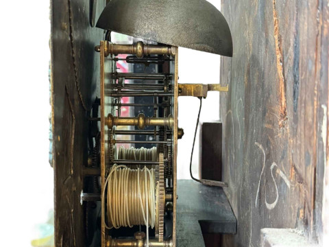 Antique oak and mahogany month going five pillar movement longcase clock having brass and silvered arched moon phase dial, 230cm. thumbnail