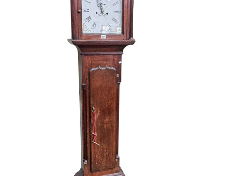 Antique oak eight day longcase clock having arched dial, signed Thomas...