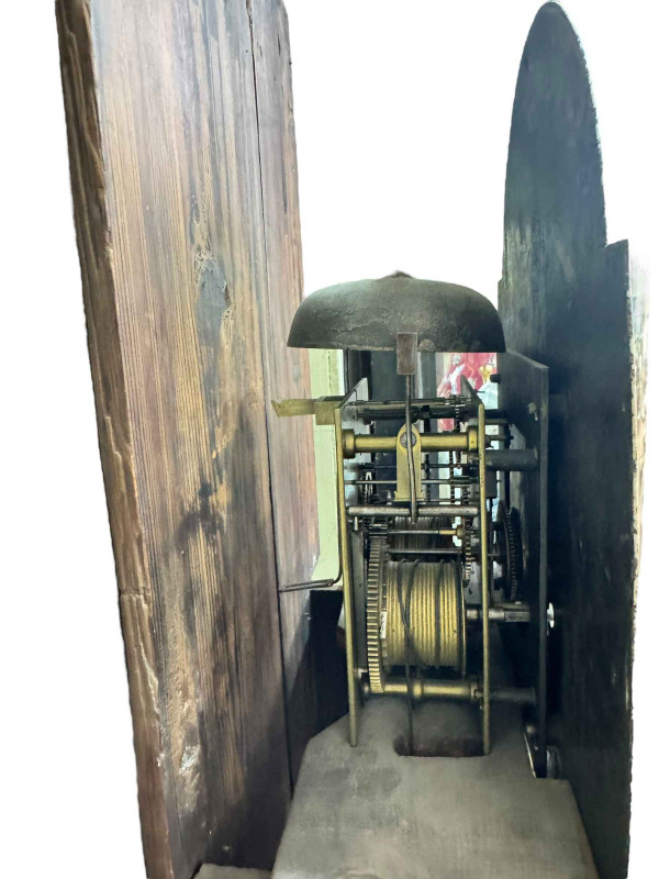 Antique oak eight day longcase clock having arched dial, signed Thomas Stockton, Yarm, 227cm.