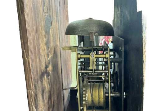 Antique oak eight day longcase clock having arched dial, signed Thomas Stockton, Yarm, 227cm. thumbnail