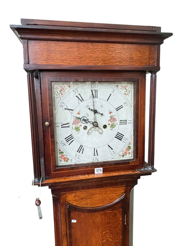 Antique oak and mahogany eight day longcase clock having floral and fruit painted square dial, 203cm.