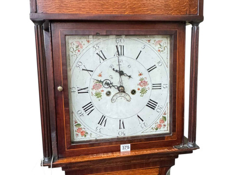 Antique oak and mahogany eight day longcase clock having floral and fruit painted square dial, 203cm. thumbnail