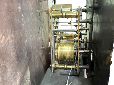 Antique oak and mahogany eight day longcase clock having floral and fruit painted square dial, 203cm. thumbnail