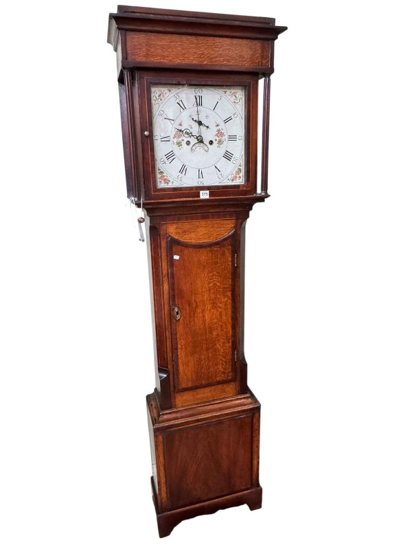 Antique oak and mahogany eight day longcase clock having floral and fruit painted square dial, 203cm.