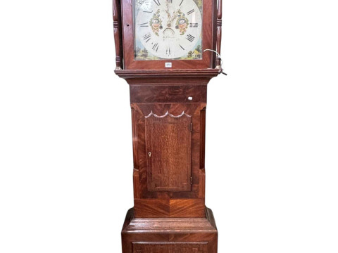 Antique oak and mahogany Welsh eight day longcase clock having painted...