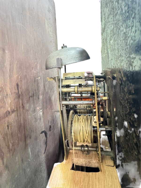 Antique oak and mahogany Welsh eight day longcase clock having painted arched dial, signed R Roberts, Bangor, 234cm.