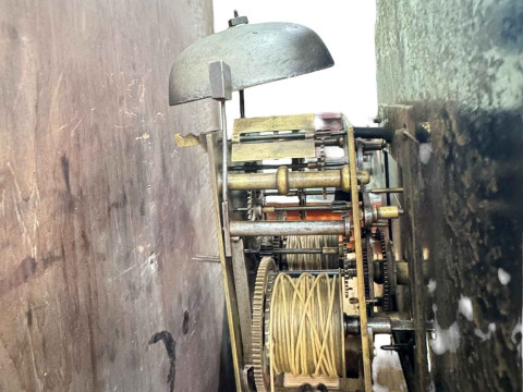 Antique oak and mahogany Welsh eight day longcase clock having painted arched dial, signed R Roberts, Bangor, 234cm. thumbnail