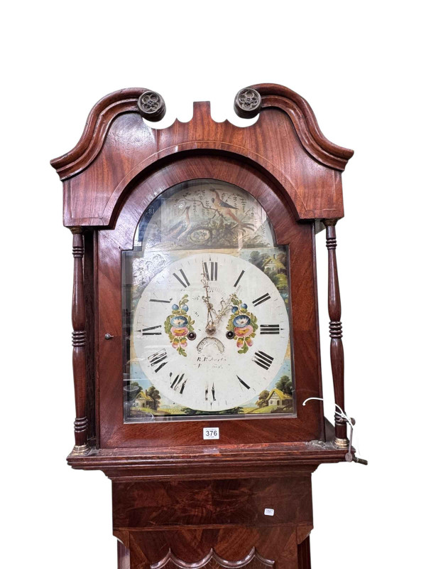 Antique oak and mahogany Welsh eight day longcase clock having painted arched dial, signed R Roberts, Bangor, 234cm.