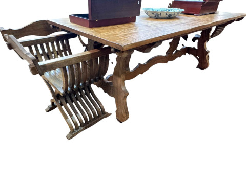 Rectangular oak table 76cm by 214cm by 101cm, and set of six X-framed chairs (table top not affixed). thumbnail