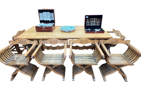 Rectangular oak table 76cm by 214cm by 101cm, and set of six X-framed...