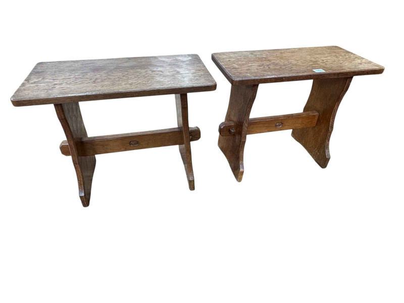 Alan 'Acornman' Grainger, pair adzed oak stools, 44cm by 53.5cm by 26cm.