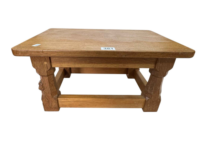 Robert Thompson of Kilburn 'Mouseman' low adzed oak stool, 20cm by 40.5cm by 28cm.