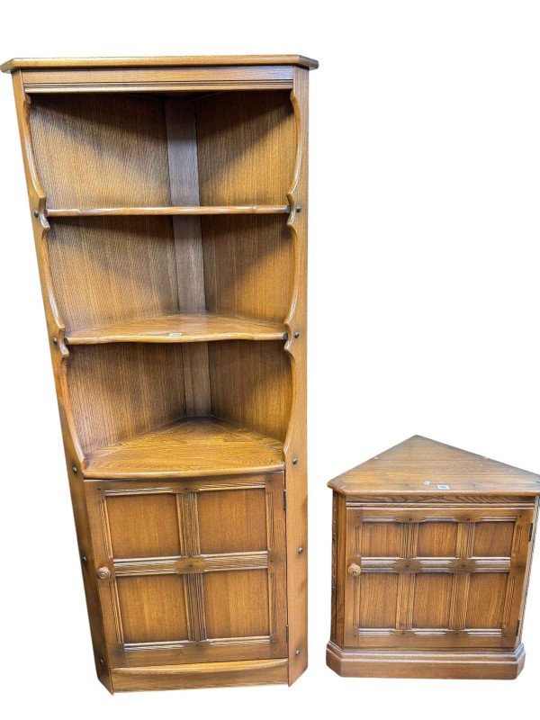 Ercol Old Colonial open topped standing corner cabinet and floor standing corner cabinet (2).