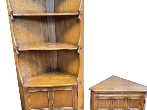 Ercol Old Colonial open topped standing corner cabinet and floor standing...