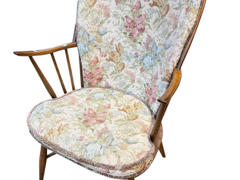 Oak draw leaf dining table, set of six Ercol swan back dining chairs and Ercol armchair with crinoline stretcher (8). thumbnail