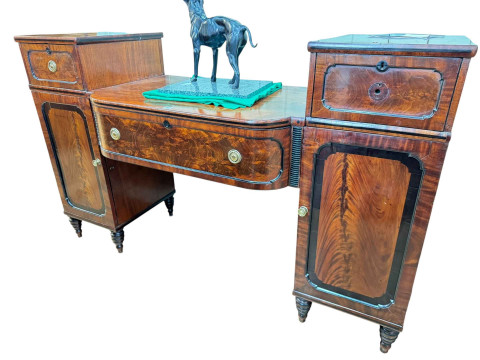 Regency mahogany and ebony inlaid pedestal breakfront sideboard on turned...